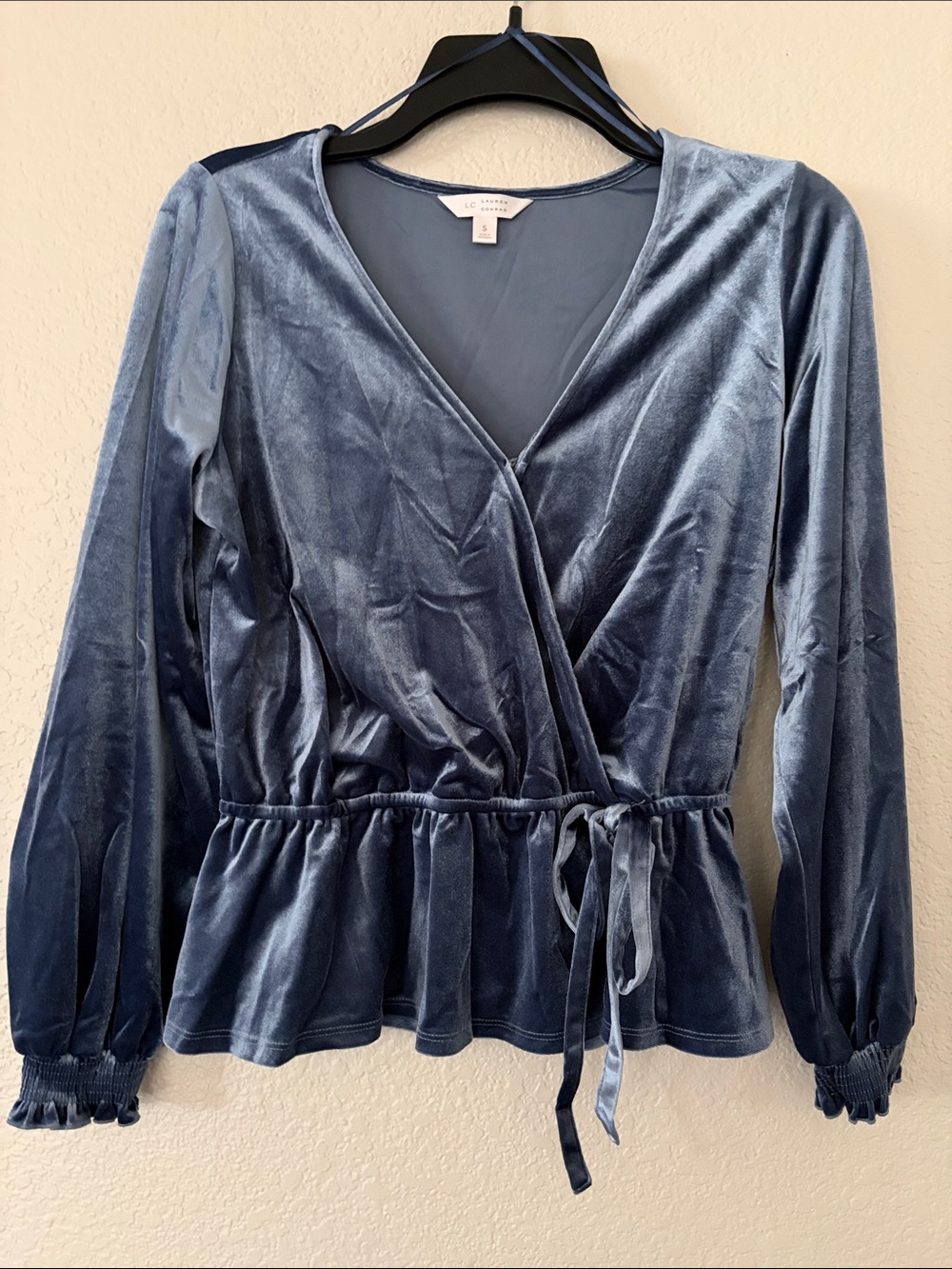 LC Lauren Conrad Blue Velvet Wrap Peplum Blouse